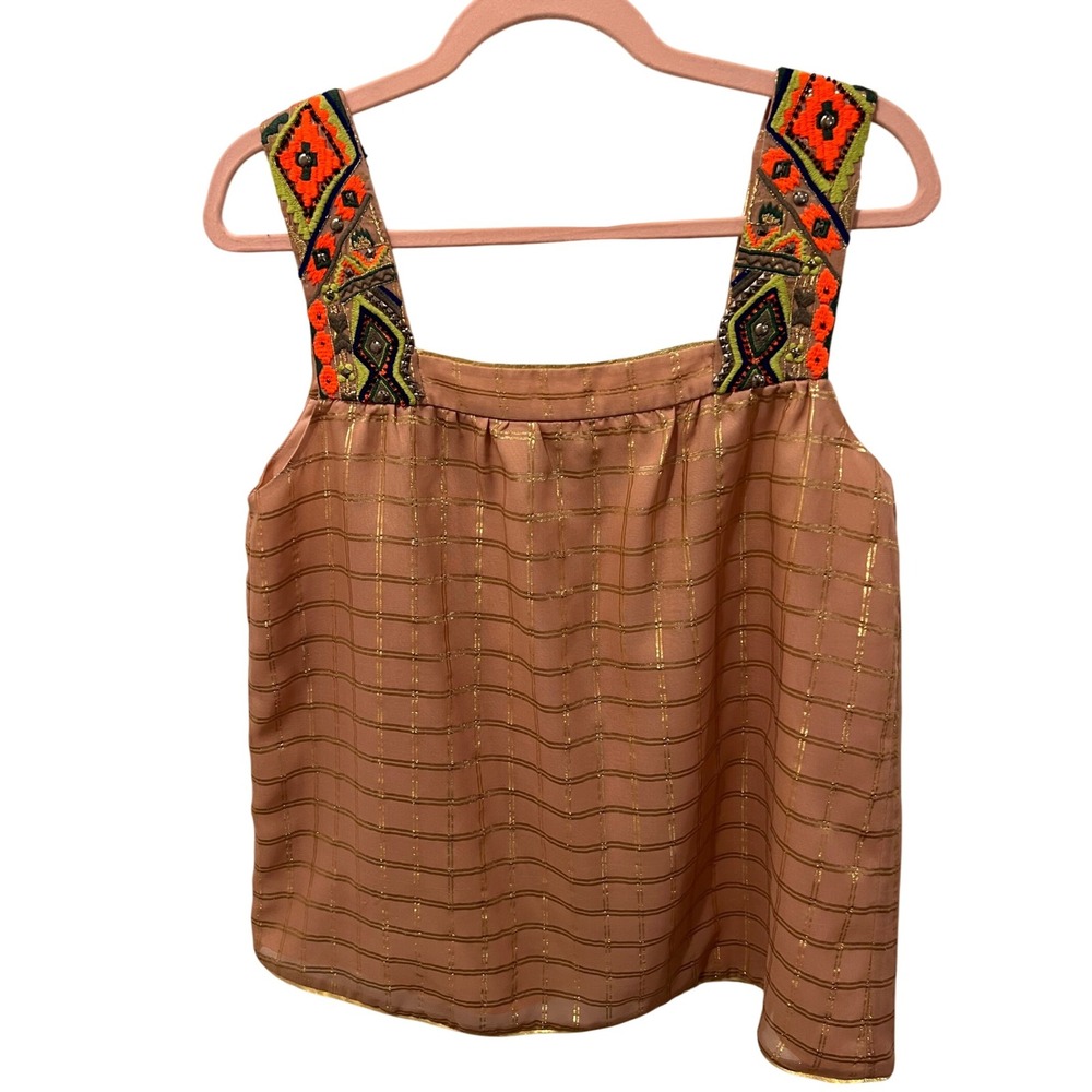 Embroidered Strap‎ Tank Top Gold Plaid Sleeveless Blouse Casual Chic